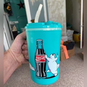 1996 Coca Cola Aladdin Thermal Mug Plastic Teal And Purple Polar Bear 18oz